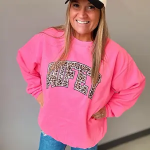 Wifey Cheetah Sweatshirt, Slightly Oversized - Unisex Casual Cotton /Poly Sweatshirt with Pink Color and Cheetah Print Design