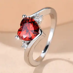 Trendy Red Purple White Zircon Love Heart Vintage Silver Color Wedding Bands Engagement Rings For Women Jewelry