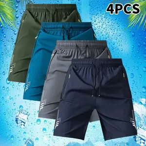 Men’s four-piece lightweight casual athletic  set featuring zippered pockets—geometric pattern design, tie waist—zippered pocket design—suitable for summer sports and leisure activities; casual  | geometric-pattern  |  with zippere Solid Breathable daily