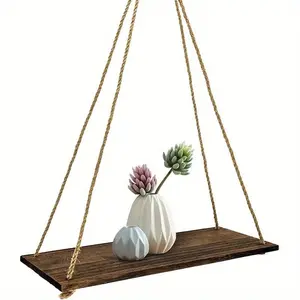 Wooden Swing Hanging Hemp Rope Wall Shelf, 1 Count Wall Mounted Floating Shelf, Plant Flower Pot Tray Storage Garden Decoration, Wall Mount Design