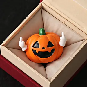 MUNBYN Pumpkin Halloween Gift Figurine - Funny Middle Finger Design for Pranks & Decor - Durable Stone Ornament for Quirky Halloween Accessories in Elegant Box