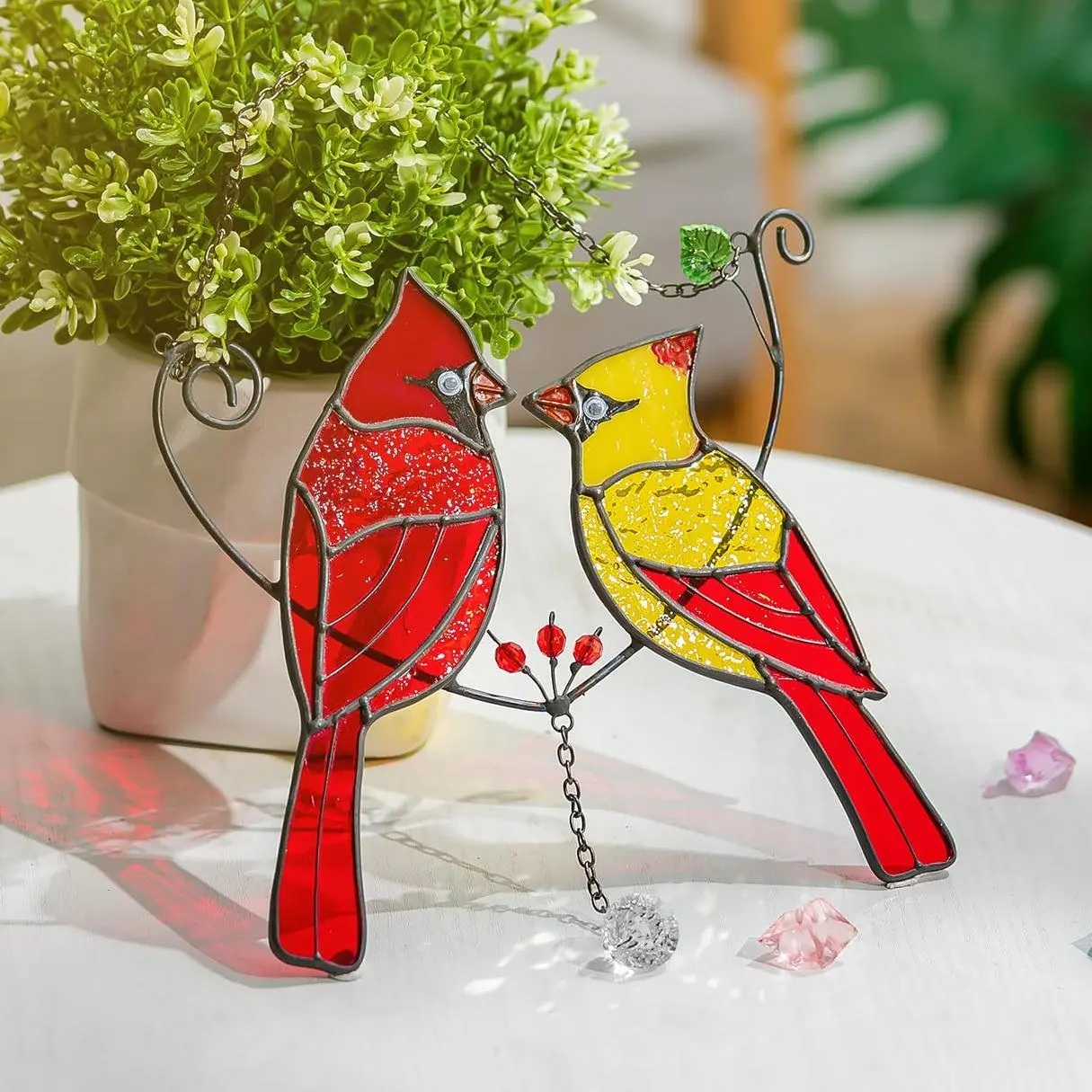 Nuptio Cardinal Stained Glass Suncatcher, Handmade Bird-on-Branch Window Hanging, Home Bedroom Decor Wall Hanging Backdrop with Vivid Hue, Christmas Gift for Bird Lovers, Stained Glass Hanging Decor, Animal-Themed Hanging Decor