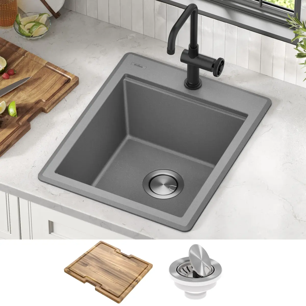 Kraus KGTW12-18MGR 18 in. Bellucci Granite Composite Workstation Drop-In Top Mount Single Bowl Kitchen Bar Sink with Accessories, Metallic Grey