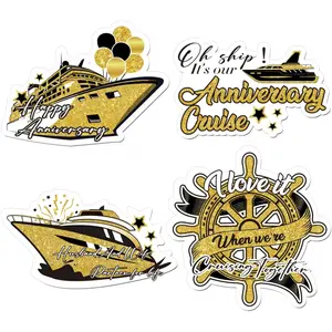 4 Pcs Happy Anniversary Cruise Door Magnets Decorations Black Gold Anniversary Cruise Ship Magnets Anniversary Refrigerator Magnets Sticker for Wedding Party Fridge Car Kitchen Garage Decor Supplies Home Decor