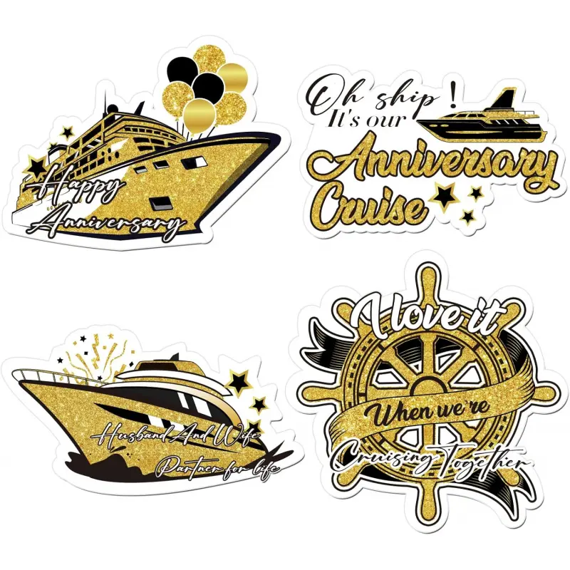 4 Pcs Anniversary Cruise Door Magnets Decorations Black Gold Cruise Ship Magnets Refrigerator Magnets Sticker, Refrigerator Magnets Decorative for Wedding Party Fridge Car Decor Supplies Home Decor Refrigerator Decorating Magnet