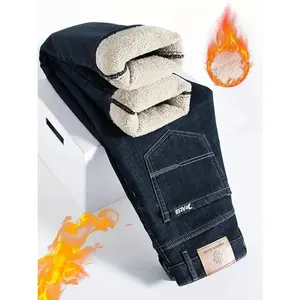 2025 New Men'S Thermal Insulated Fleece-Lined Faux Denim - Heavy-Duty Blend Straight-Leg Pants with Water-Wash Detailing, All-Season Comfort, Regular Fit Casual & Business-Casual Style, Multi-Color Options ,