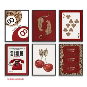 6-piece set: Stylish red leopard-print wall art set, Aesthetic Girly Art, including a cheetah wall decoration, a “Lucky No. 8” poster, and a red cherry bow canvas print. Perfect for girls' bedrooms, apartments, dorm rooms, and home decor. Frameless.