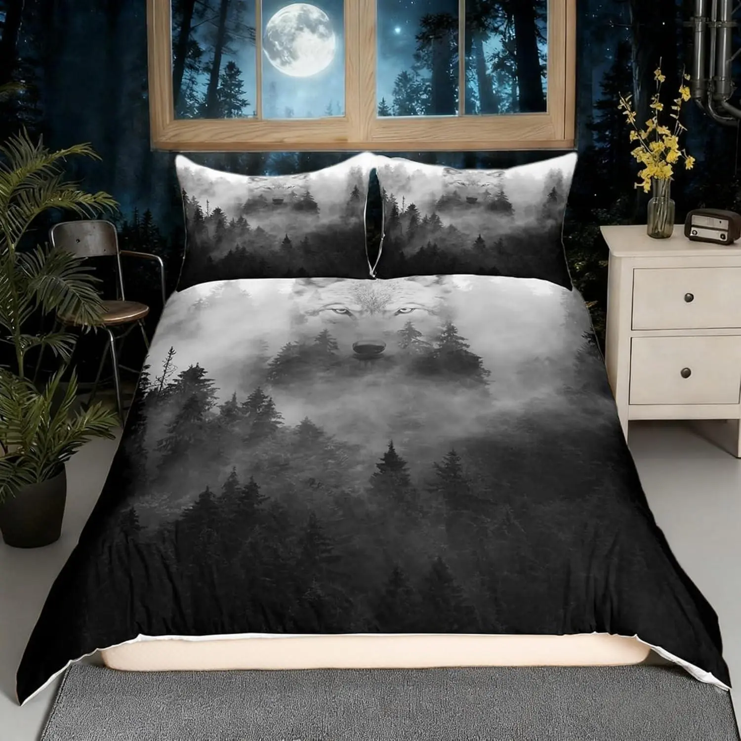 Wolf Printed Bedding Set for Kids Boys Bedroom,Misty Style Bed Duvet Cover Set,Wolf Silhouette Comforter Cover Wild Animals Decor 1 Duvet Cover No Comforter