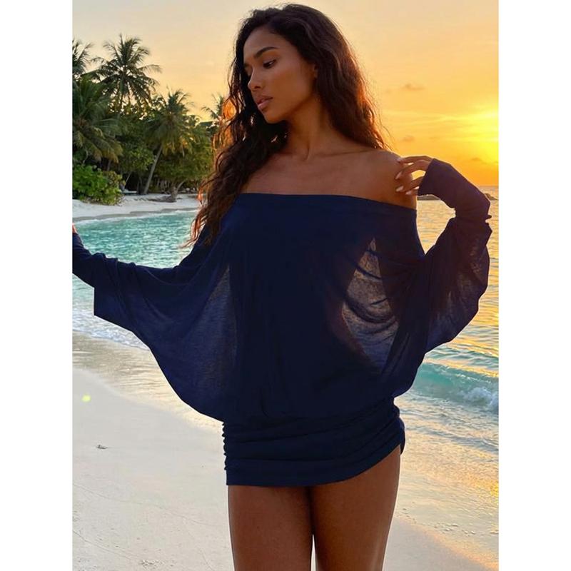 Women's Sheer Ruched Party Dress, Off-The-Shoulder Long Sleeve Women's Mini Dress for Spring & Fall Women's Sheer Ruched Party Dress, Off-The-Shoulder Long Sleeve Women's Mini Dress for Spring & Fall