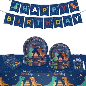 Dinosaur Blue Theme Party Set for 16 Guests: Complete Tableware, Decorations & Ambiance for a Prehistoric Adventure! Banner Cups Jurassic Ornaments