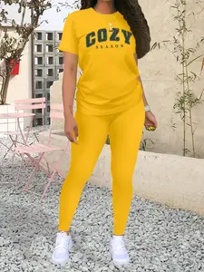 Women's Casual Sporty Two-Piece Set, Athletic Activewear Tracksuits, Fashion Print Short Sleeve Top + Tight Pants, Spring & Fall, Fitted Thin Fabric