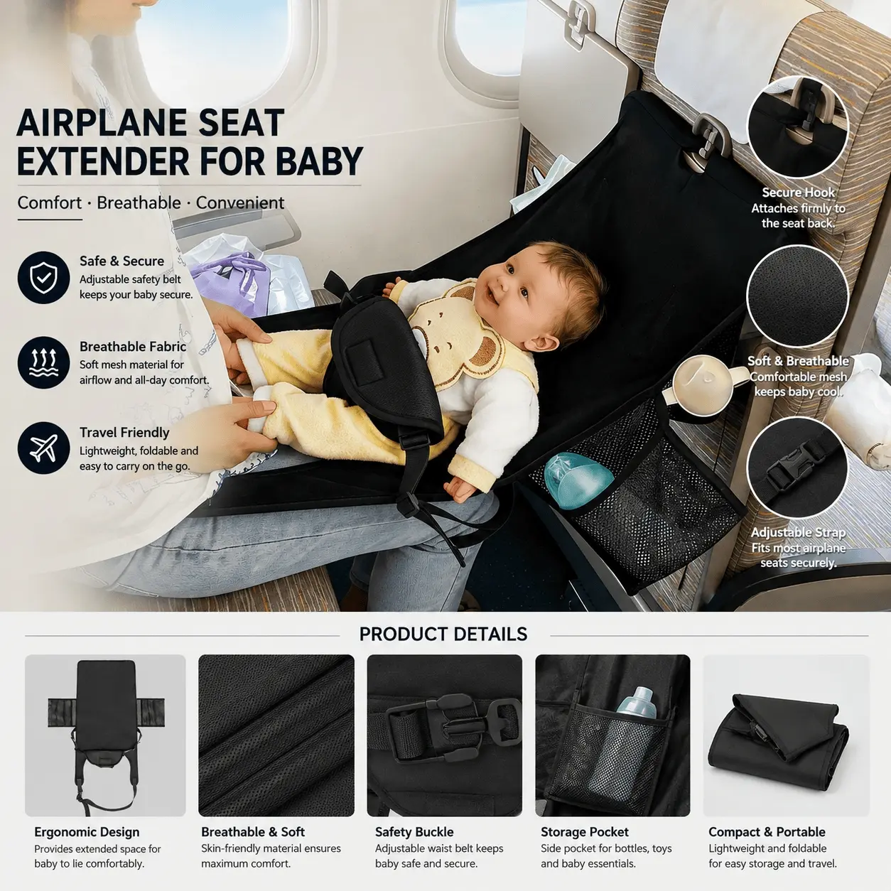 Airplane Travel Seat Extender Pad, Foldable Lightweight Footrest for Kids with Attachment, Portable Flight Bed Hammock, Ergonomic, Breathable, Safe, Comfortable and Durable Design