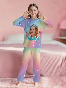 Rainbow Star Sparkle Like Nastya 2-piece Girls' Digital Print Long-sleeve Pajamas with Long Pants, Flame-retardant Fabric. A fashionable, trendy, casual, comfortable and soft pajama set, suitable for sleeping and home leisure. Made of 100% polyester, perf