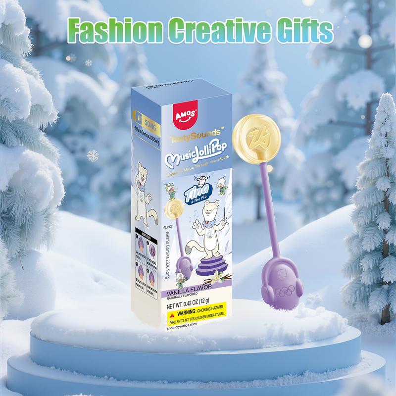 【Official Licensed Product】AMOS Winter Olympics Musical Singing Lollipop – No Sugar, Gluten-Free, Assorted Flavors (Vanilla, Orange, Peach, Grape), Individually Wrapped Sport-Inspired Novelty Musical Candy for Parties & Gifts Snack