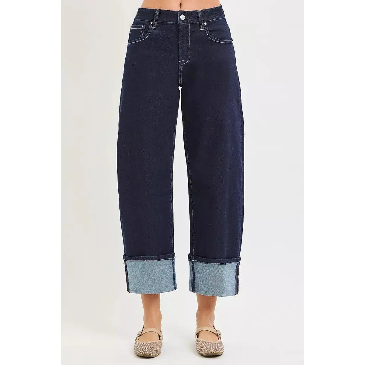 RISEN Slouchy Crop Barrel Cuffed Hem Jeans