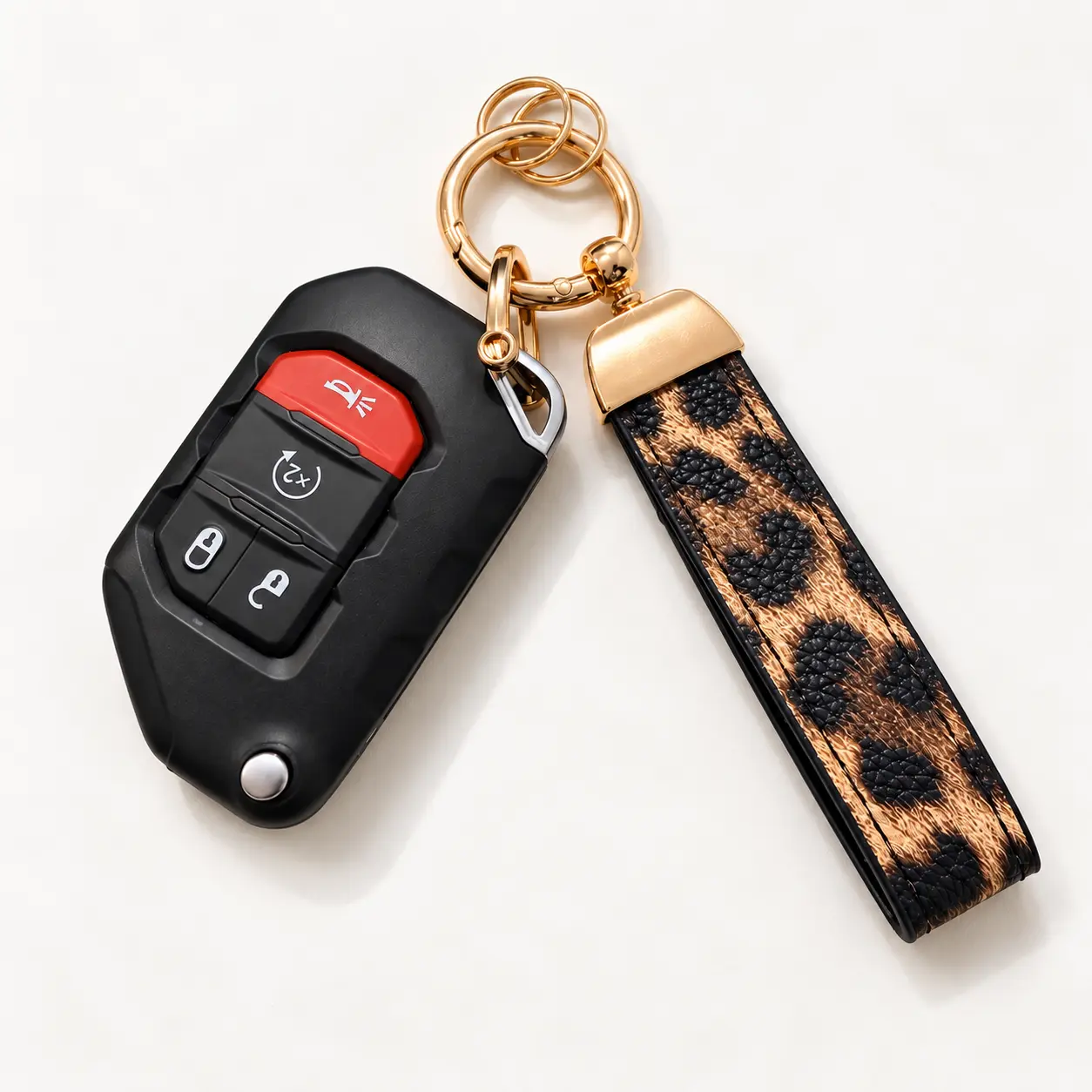 Women's Leopard Print PU Leather Wristlet Keychain - Gold-Tone Ring Keychain for Car Keys, Anti-Loss Key Holder Strap, Purse Bag Fashion Accessory