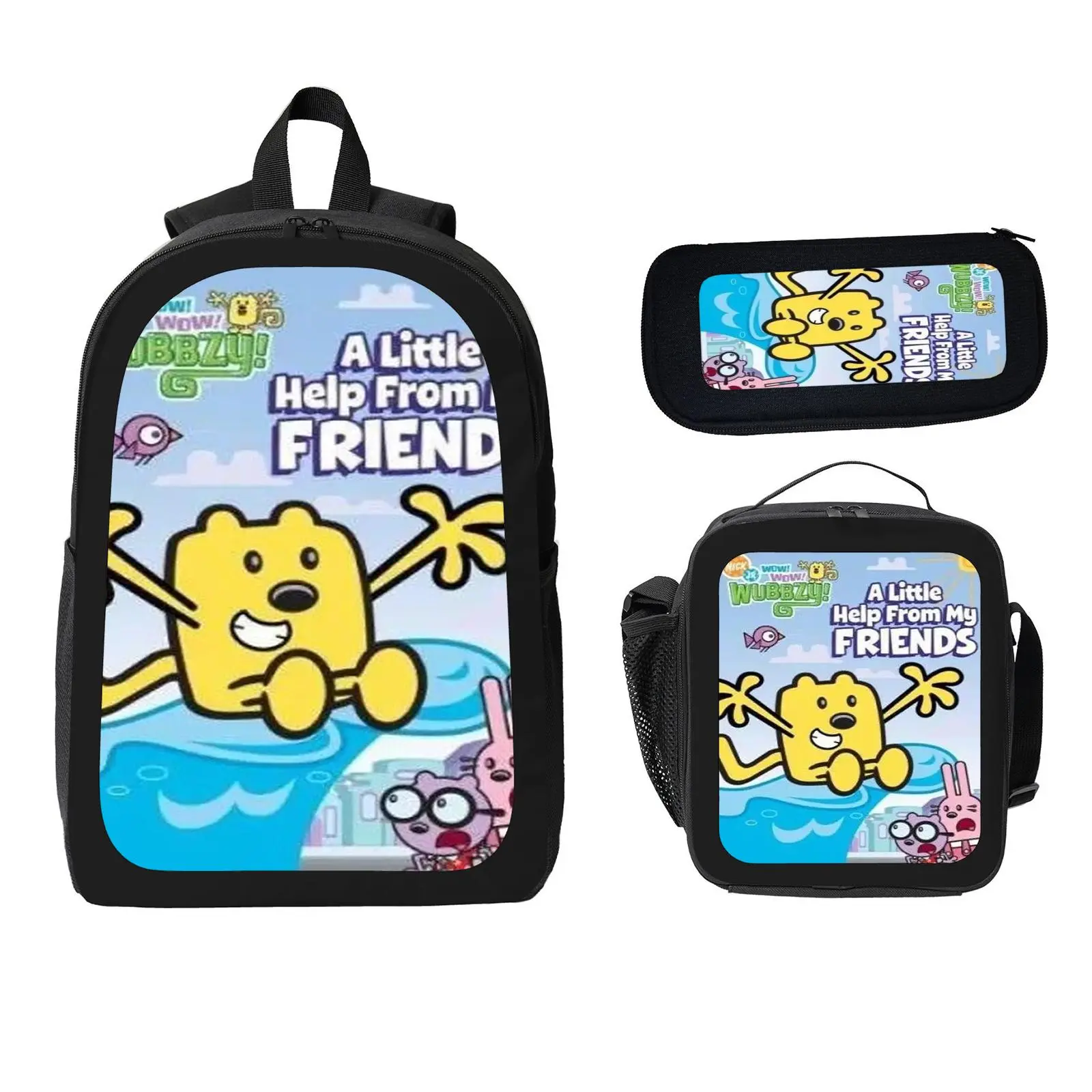 Wow! Wow! Wubbzy! 3 Pcs School Backpack Set for Boys Girls Kids, Large Capacity Bookbag with Insulated Lunch Bag Pencil Case, Water Resistant Travel Daypack for Elementary Middle School a-80