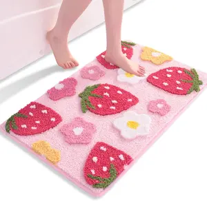 Pink Bathroom Rugs Cute Strawberry Flower Bath Mat Bathroom Accessories, Funny Colorful Non Slip Floor Bath Rug Machine Washable Bathmat Soft Microfiber Carpet for Shower, Bathtub (18x25 inch)
