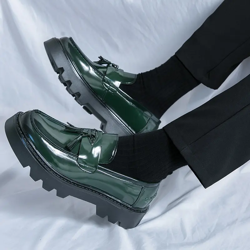 2026 Men's Slip-On Loafers - Emerald Green, Thick Platform Sole, Round Toe, Stripes, Vintage, Cushioned PU Insole, Non-Rubber Outsole, Lightweight, Classic All-Seasons Formal/Casual Shoes for Office, Parties