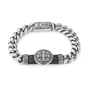 HZMAN 8.5Inch Cuban Chain Bracelet Classic Heavy Stainless Steel Bracelet for Men Biker St Benedict Cross Medal Link Bracelet Jewelry Gift