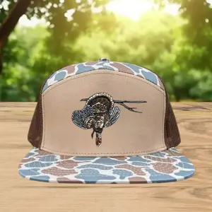 Turkey Down Hunting Hat, Available In Brackish Camo Grey Black Brown, 7 Panel Snapback, Flatbill Trucker Hat