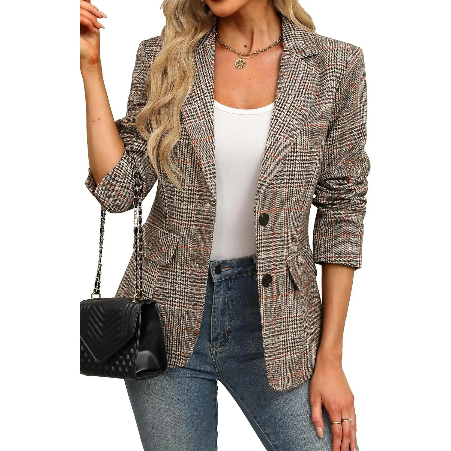 Women's Houndstooth Plaid Blazer, Long Sleeve Boyfriend Corporate Jacket, 2-Button Business Casual Coat with Pockets