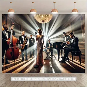 2D Flat, 1pc Vintage Jazz Band & Singer Performance Backdrop - Polyester Photography Background with Chandelier & Spotlight Design, Indoor/Outdoor Party Decor for Birthdays, Anniversaries, Photo Studio Props, No Electricity Needed, Event Decoration |