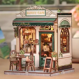 [Sunny Cafe]Book Nook Kit DIY Miniature House Dollhouse Kit for Adult and Teens, Booknook Bookshelf Decor Alley Model Build with LED Light, Gifts for Family and Friends, Wooden House Kit Adults