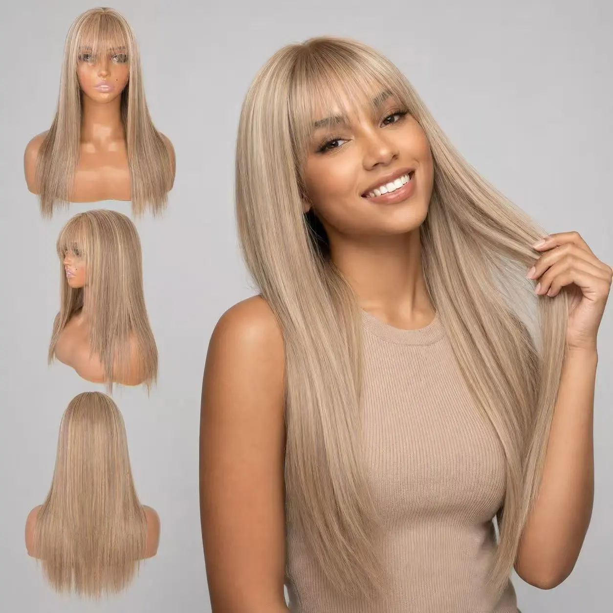 ShineTheory-Ash Blonde Straight Wig with Bangs, Glueless HD Lace Front Synthetic Wig for Women, Medium Long Silky Straight Hair with Fringe