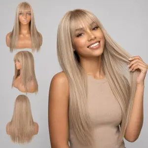 ShineTheory-Ash Blonde Straight Wig with Bangs, Glueless HD Lace Front Synthetic Wig for Women, Medium Long Silky Straight Hair with Fringe