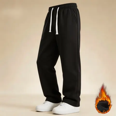 Men’s Thick Fleece-Lined Straight-Leg Athleisure Sweatpants - Autumn/Winter Textured Fabric Pants, Warm Brushed Finish, Comfy Jogging, Home Wear, Textured Fabric Men's Pants
