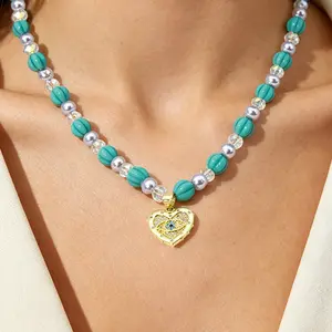 Boho Turquoise Beaded Choker Necklace with Evil Eye & Heart Charms, Artistic Baroque Bead-Based Multicolor Heart Jewelry for Vacation & Beach Wear, Artistic Necklaces, Baroque Necklaces