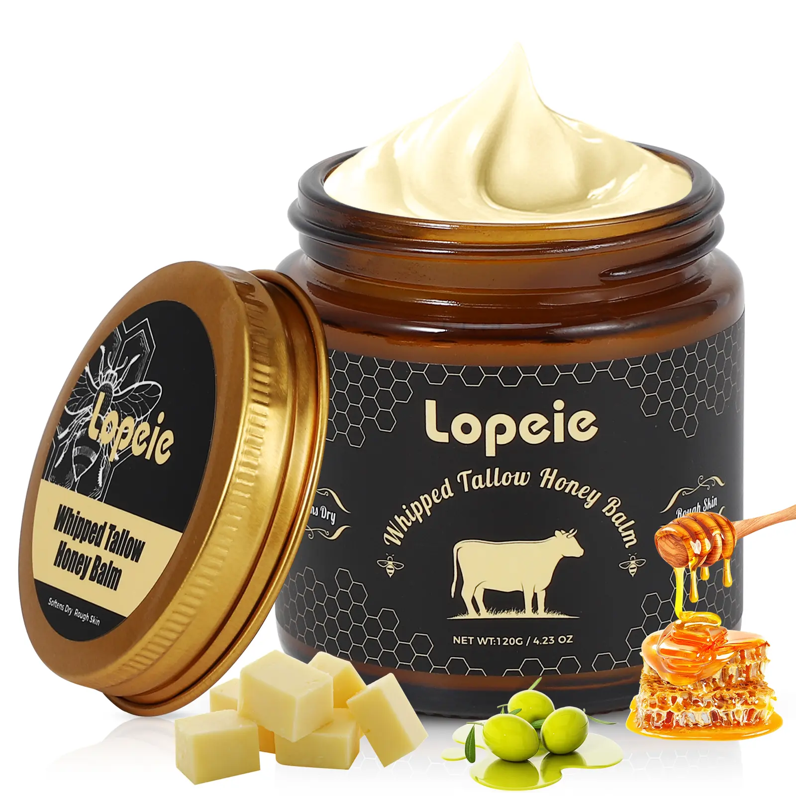 Lopeie Whipped Grass-Fed Beef Tallow Honey Balm - 4 Oz,Moisturizing Cream for Soft, Smooth Skin - Unscented Handmade All-Natural Moisturizer - Hydrating, comfort, moisture boost cream, luminous firming cream, body care, hydrating dry skin