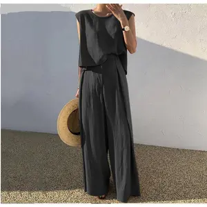 2025 Spring-Summer New Type Cotton and Linen Fashion Casual Loose Two-Piece Suit Sleeveless Top Loose Wide Leg Pants for Women