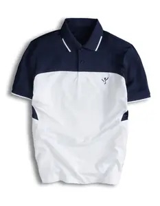 Men's Color Block Golf Polo, Navy White Performance Tech Sports Tee, Dynamic Panel Collared Shirt, Preppy Style Activewear Top, Comfortable Breathable Tennis Polo, Athletic Casual Smart Shirt, Minimalist Outdoor Top