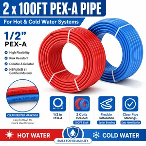 200FT Oxygen-Barrier PEX Tubing 1/2 Inch, Red Blue Flexible Water Pipe 100ft Each Roll, DIY Plumbing Tube for Hot Cold Water Supply System