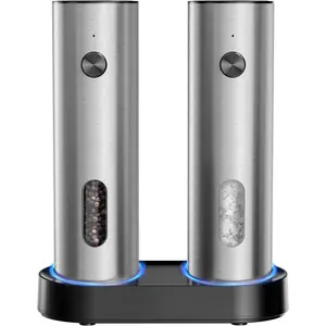Electric Salt and Pepper  Set -  Base, Automatic Rechargeable Pepper Mill with Adjustable Coarseness, LED Lights, Large Capacity, Kitchen Appliance for Mom Wife