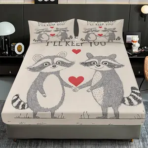 2/3 Pcs Raccoon Friendship Pattern Down,Fitted Sheet Set(1*Fitted Sheet+1/2*Pillowcase,No Filling)Digital Print,Soft,High-End Bedding Set,all Season Use Machine Washable,Best Holiday Gift