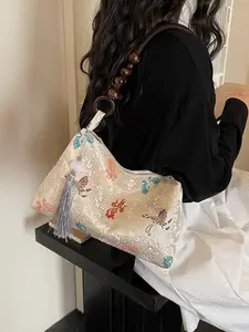 New Traditional Chinese Style Jacquard Crossbody Bag, Wooden Bead Fringe Handbag, Hanfu Qipao Commuter Dating Bag, Versatile Women's Purse, Trendy Commuting Bag, Handbag Shoulder Bag