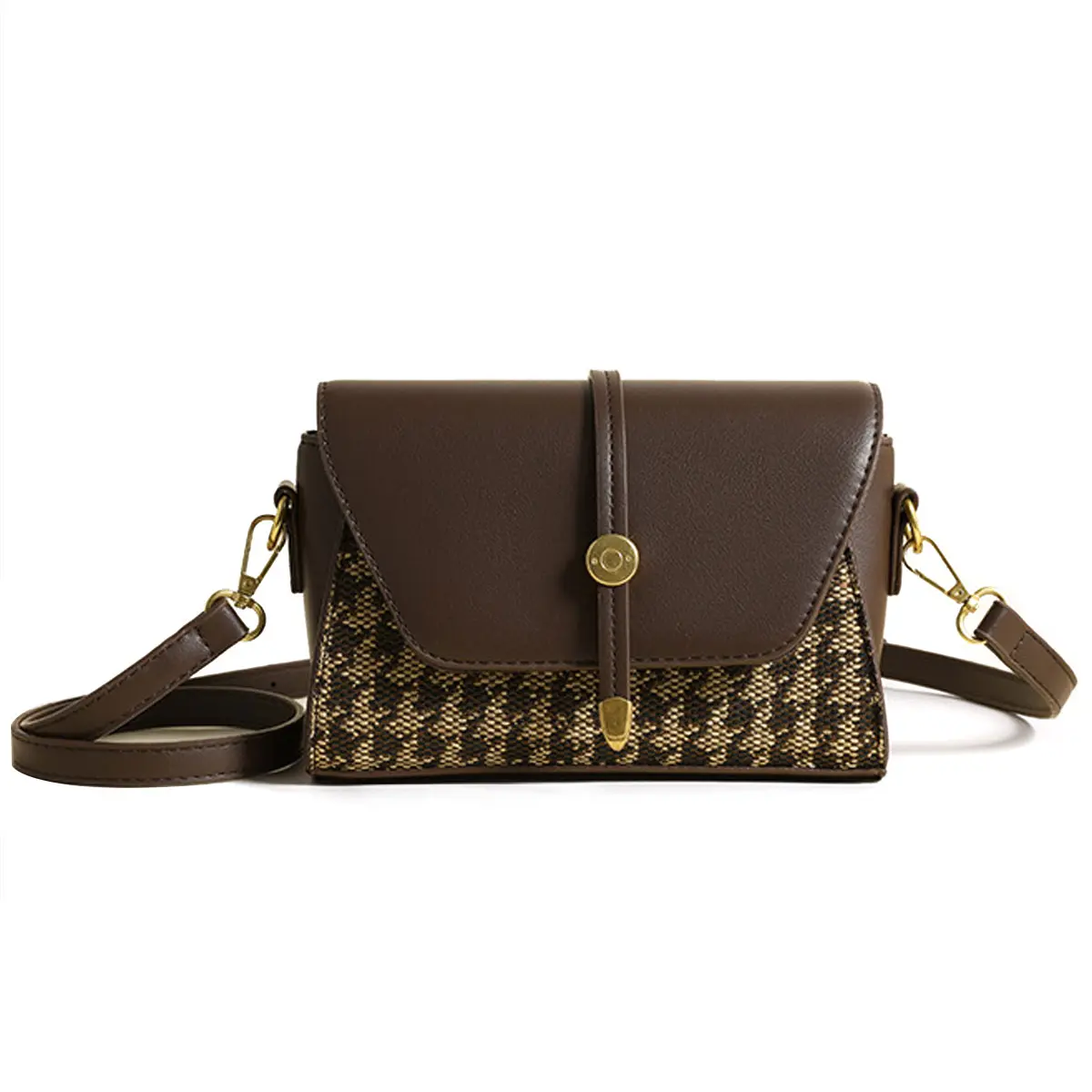Women's Vintage Houndstooth Crossbody Bag, Small PU Leather Flap Shoulder Purse, Lightweight Retro Sling Bag with Detachable Strap, Casual