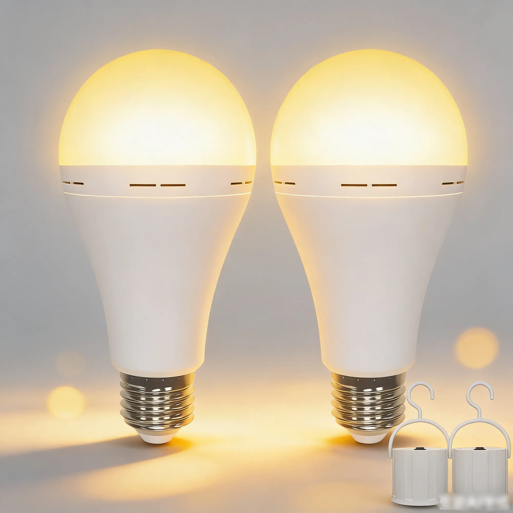 Emergency Rechargeable LED Light Bulbs 60W Equivalent, Warm White 3000K Battery Operated Bulb E26 Base, Backup Light Bulb Long Lasting for Lamps, Power Outage, Sconces, 2 Pack