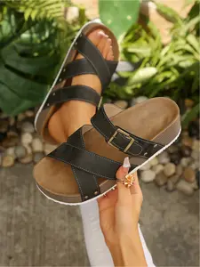 Women's Studded Wedge Slides, Comfy Cross Strap Platform Sandals for Daily Wear