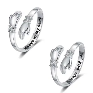 2PCS Hug Design Diamond-Inlaid Rings for Women Open Adjustable Engravable Heartwarming Gift Always in My Heart Always with You