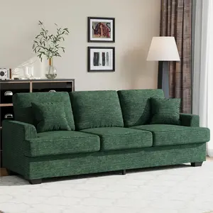 86 in Corduroy Comfy Sofa, 3-Seater Sofa Couch with 2 Throw Pillows, Cloud Couch with deep Seats and 2 Removable Back Cushions, Modern Sofa for Living Room, Bedroom, Apartment, Office, Green