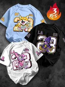 Men's Cool Cartoon Number Print Round Neck Short Sleeve T-Shirt, Loose Fit, Casual Street Style, Streetwear, Three Piece Set, Daily Wear