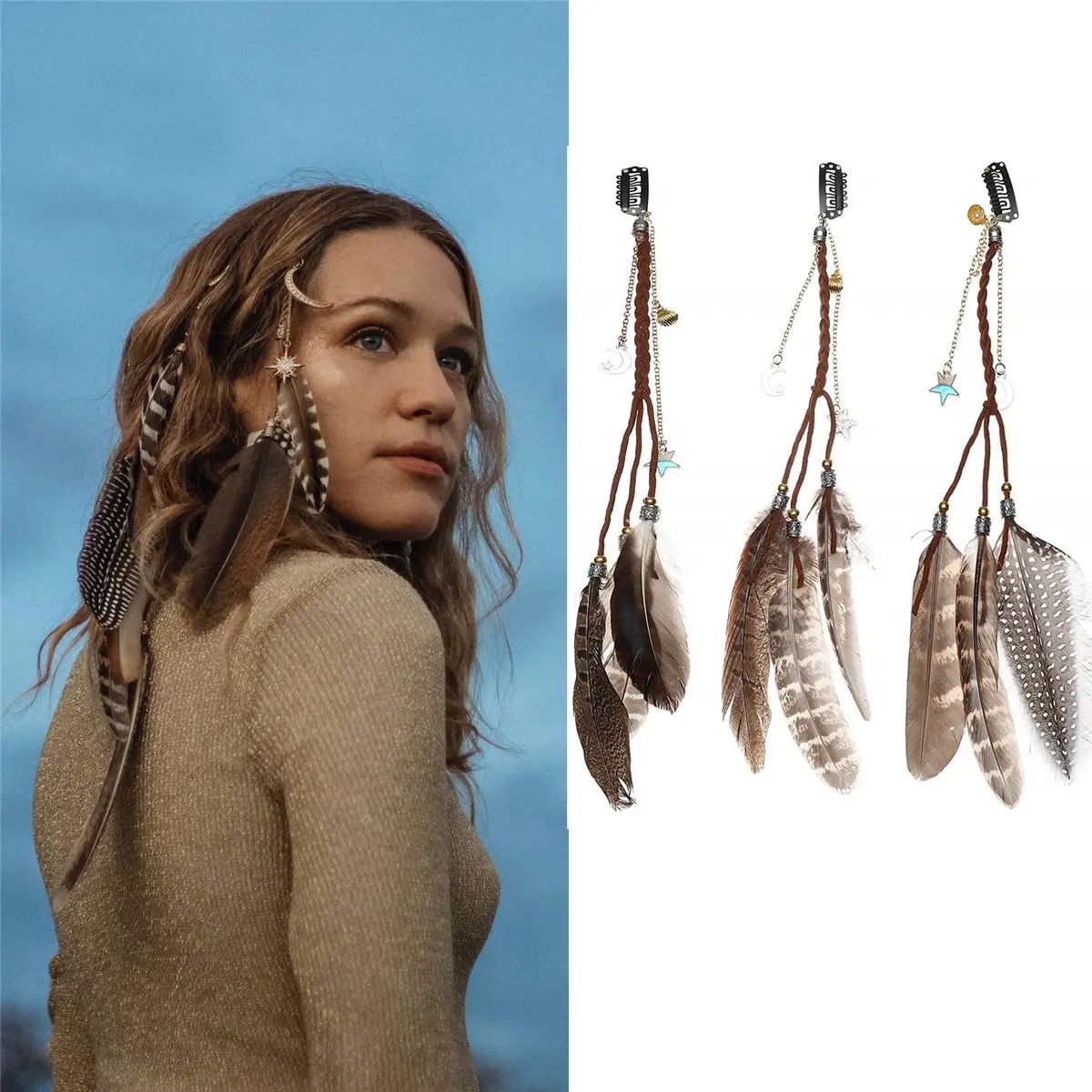 3Pcs/Set Hippie Feather Hair Extension Clip Bohemia Tribal Indian Peacock Hair Feather Hippie Headpiece Braided Beads Headwear Festival Hair Accessories