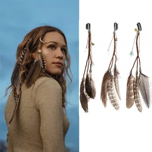 3Pcs/Set Hippie Feather Hair Extension Clip Bohemia Tribal Indian Peacock Hair Feather Hippie Headpiece Braided Beads Headwear Festival Hair Accessories