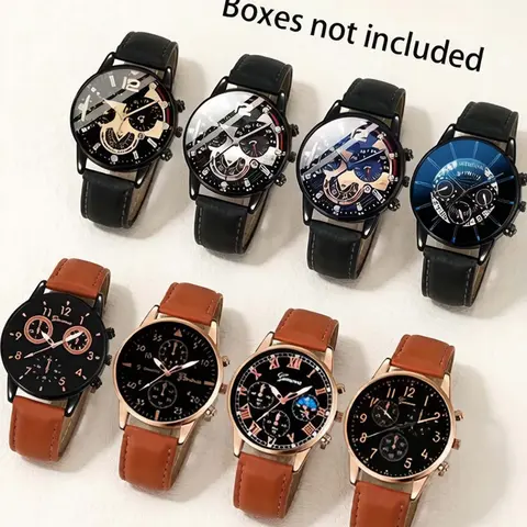 8 pieces/set Fashion Belt Business Men's Watch Multi functional Quartz Watch Analog Quartz Watches Leisure Sports Men's Watch Set Casual Wristwatch Set Analog Wristwatches