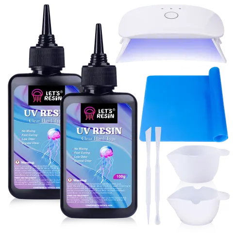 LET'S RESIN 200g 2000cps Viscosity Transparent High-Clarity Low-Odor Anti-Yellowing Hard UV Epoxy Starter Kit with UV Lamp, Silicone Mat for Handicraft Earrings, Beautiful Necklaces, Craft Decor; Mother's Day Gift