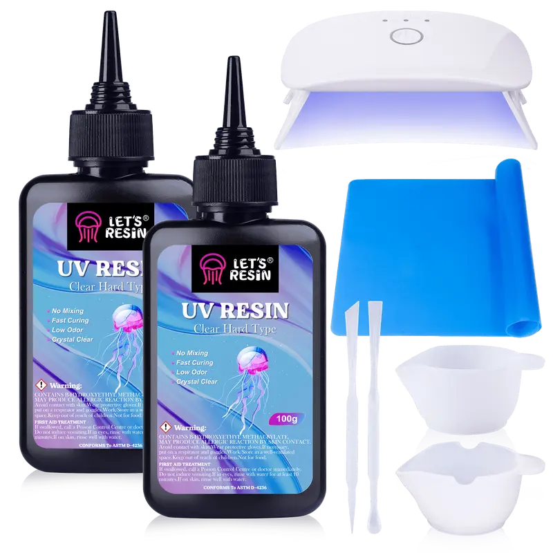 LET'S RESIN 200g 2000cps Viscosity Transparent High-Clarity Low-Odor Anti-Yellowing Hard UV Epoxy Starter Kit with UV Lamp, Silicone Mat for Handicraft Earrings, Beautiful Necklaces, Craft Decor; Mother's Day Gift